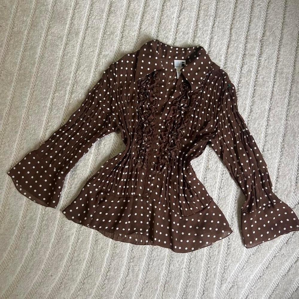 VTG y2k Modern Image Brown polka dot blouse Size XL boho Chic Punk Party